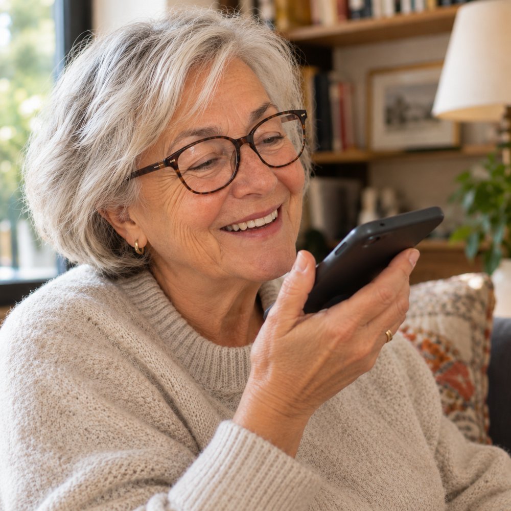 Une grand-mère sourit en enregistrant un message vocal sur son téléphone