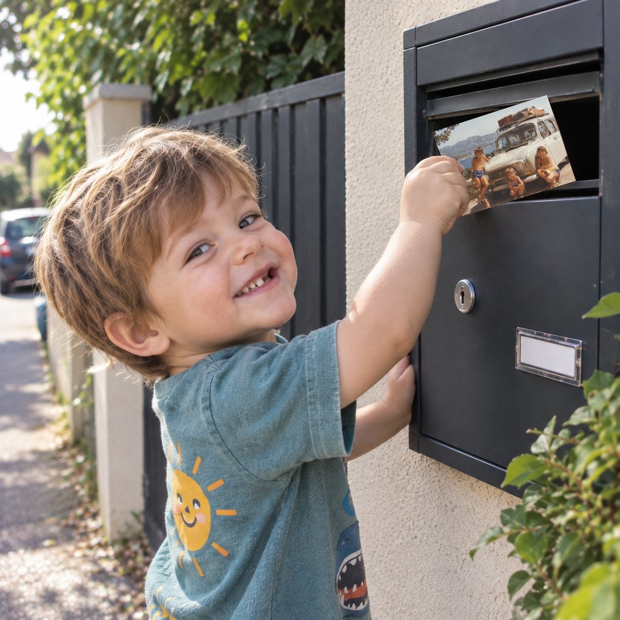 Un petit garçon sourit en sortant de la boîte aux lettres une carte postale : une vieille photo de trois enfants devant une 4L
