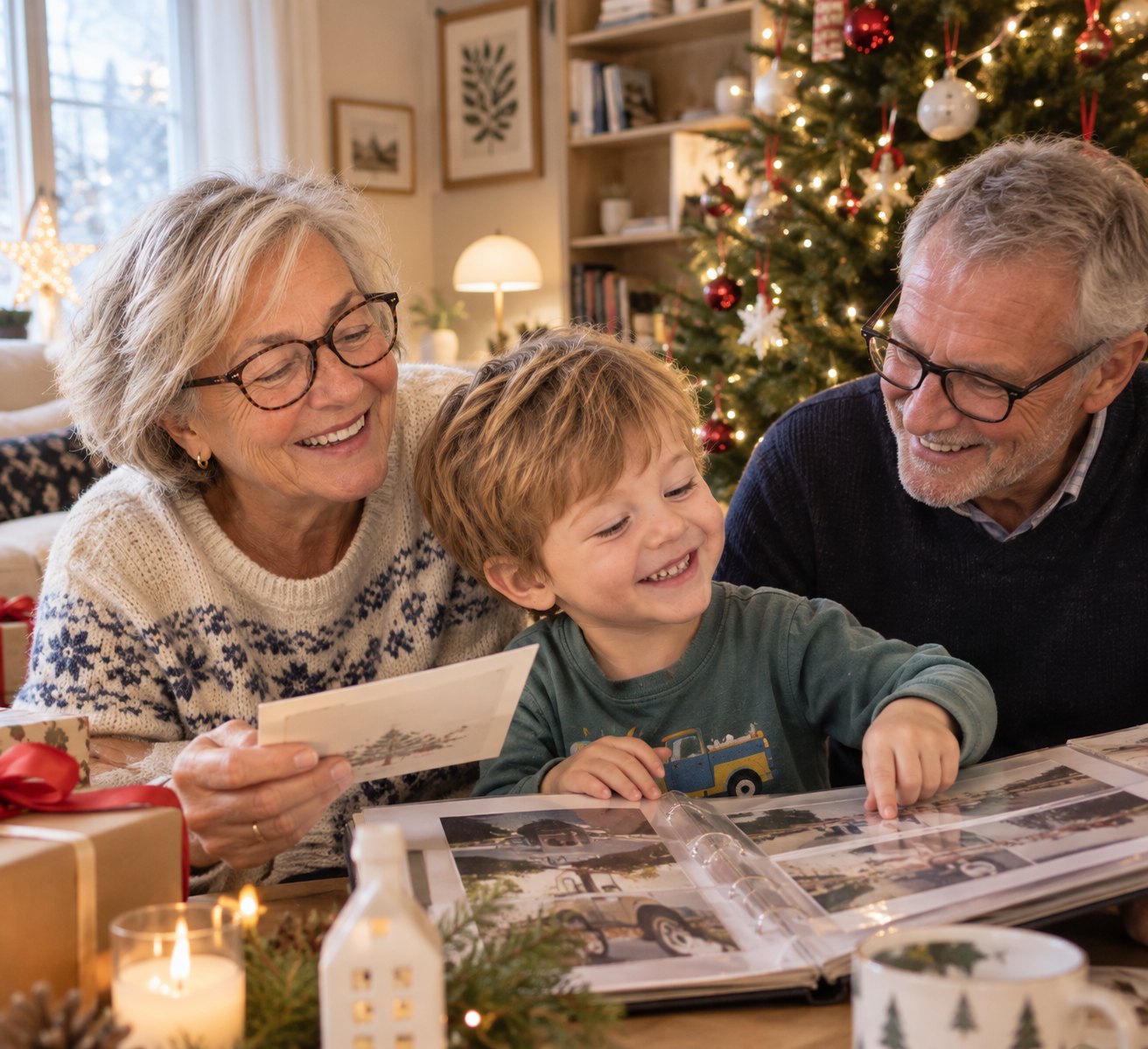 Des grands-parents et leur petit-fils regardent ensemble une carte et un album de photos, le soir de Noël
