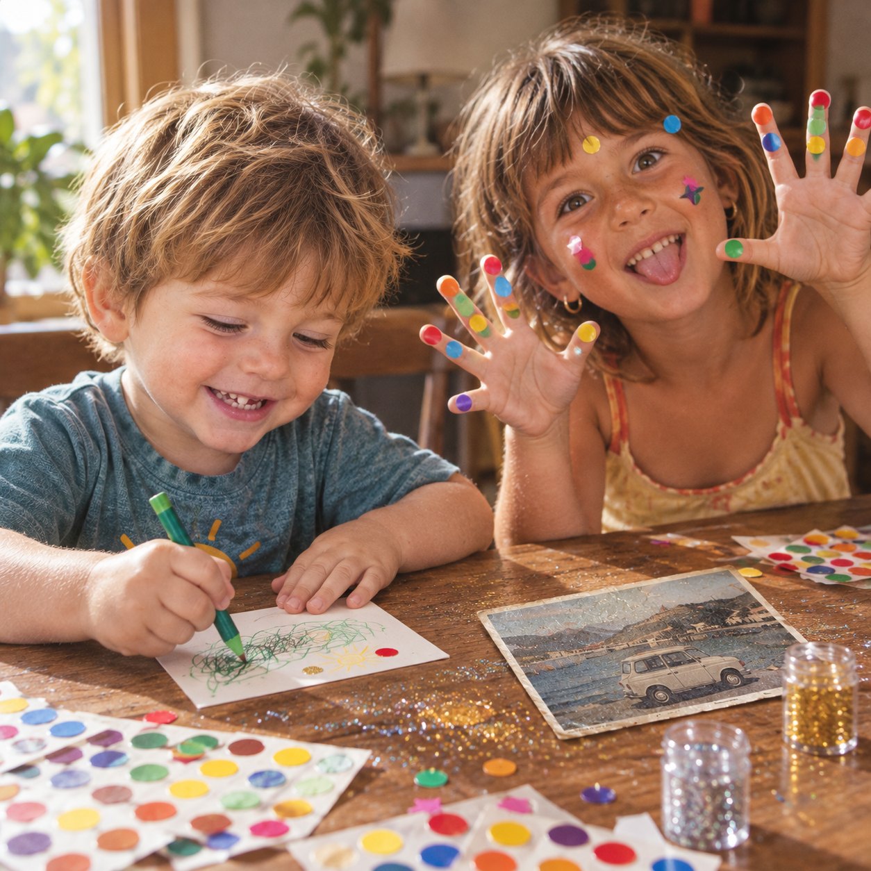 Un petit garçon dessine sur une carte pendant que sa sœur rit, des gommettes sur les doigts et les joues ; la carte postale de la 4L est posée sur la table, entre les gommettes et les paillettes